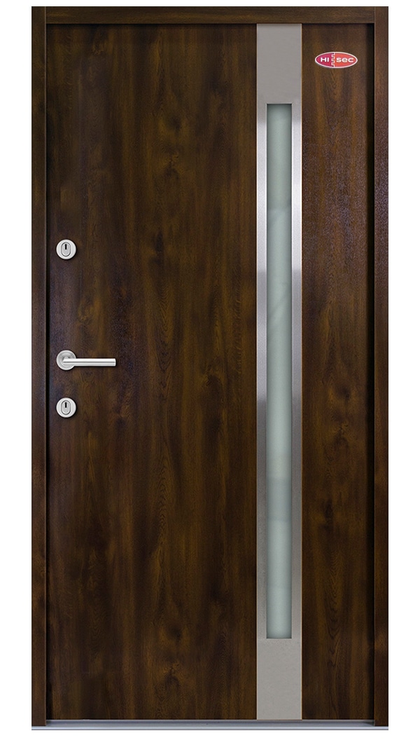 Dió színű acél HiSec bejárati ajtó kültérre, hőszigetelt üvegbetéttel